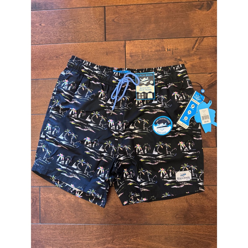 Beach Bros Quick Dry Swim Trunks Black Palm Tree‎ Tropical Large NWT BB-101-81